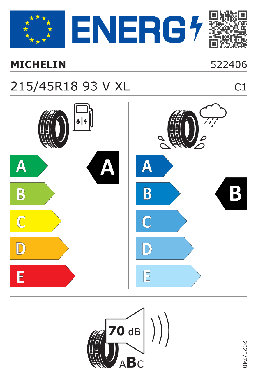MICHELIN E PRIMACY XL 215/45 R18 93V - европейски етикет