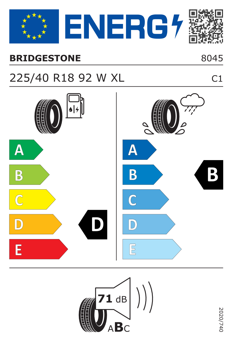 BRIDGESTONE T001 XL MERCEDES 225/40 R18 92W - европейски етикет