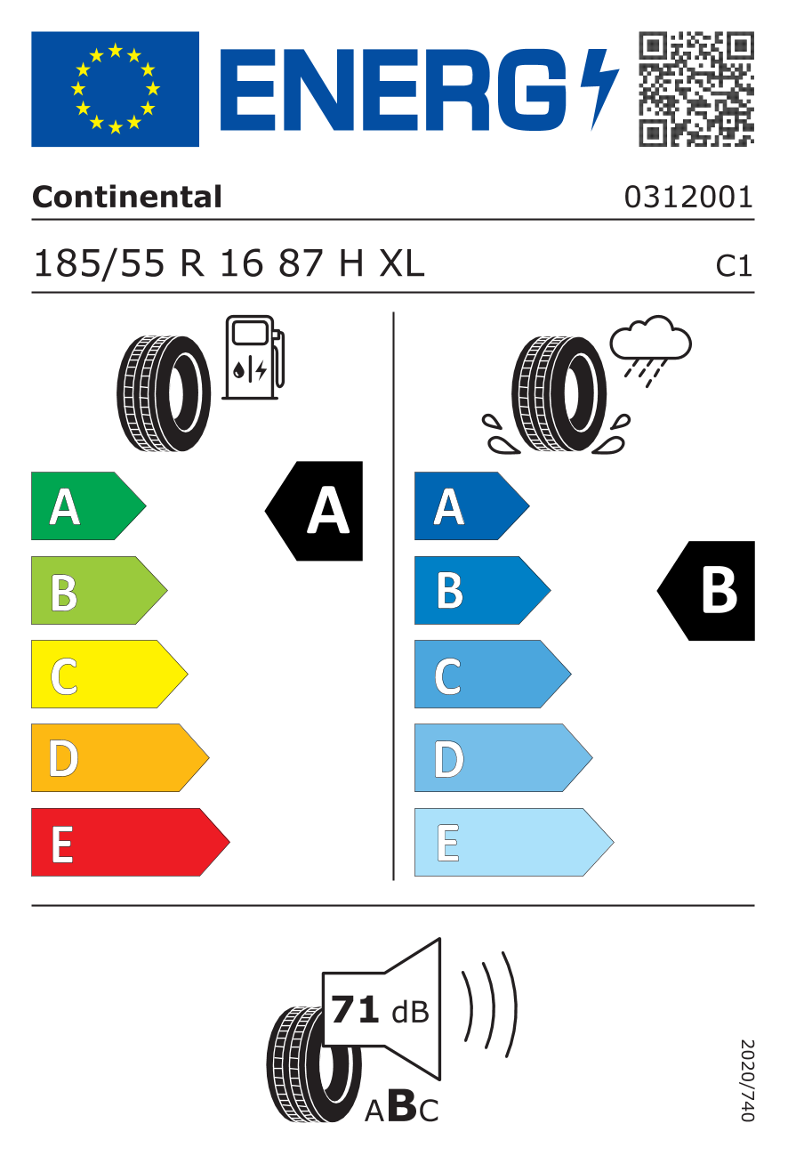 CONTINENTAL ECOCONTACT 6 XL EV 185/55 R16 87H - европейски етикет