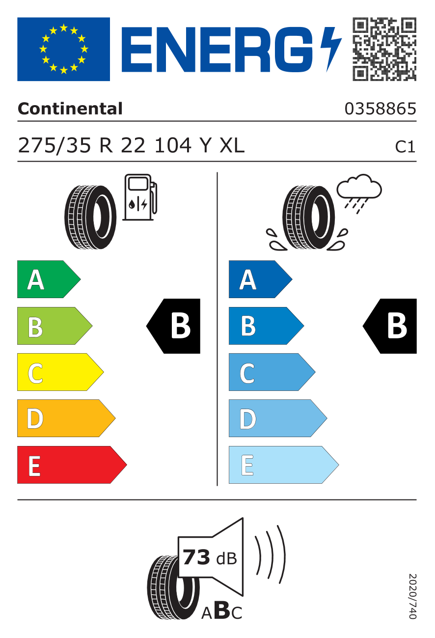 CONTINENTAL PREMIUM CONTACT 6 XL BMW EV 275/35 R22 104Y - европейски етикет