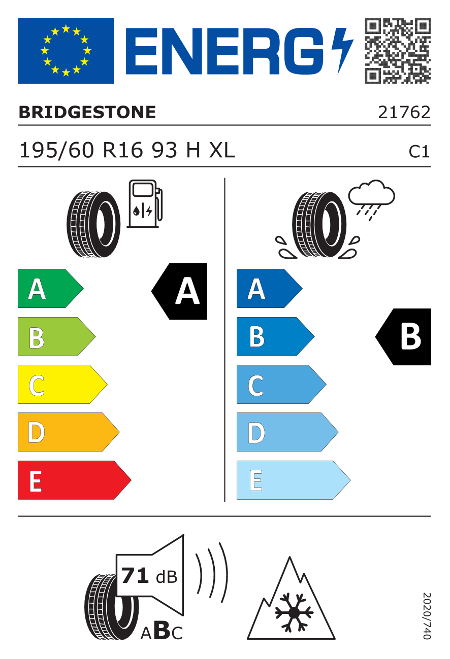 BRIDGESTONE A005 EVO XL 195/60 R16 93H - европейски етикет